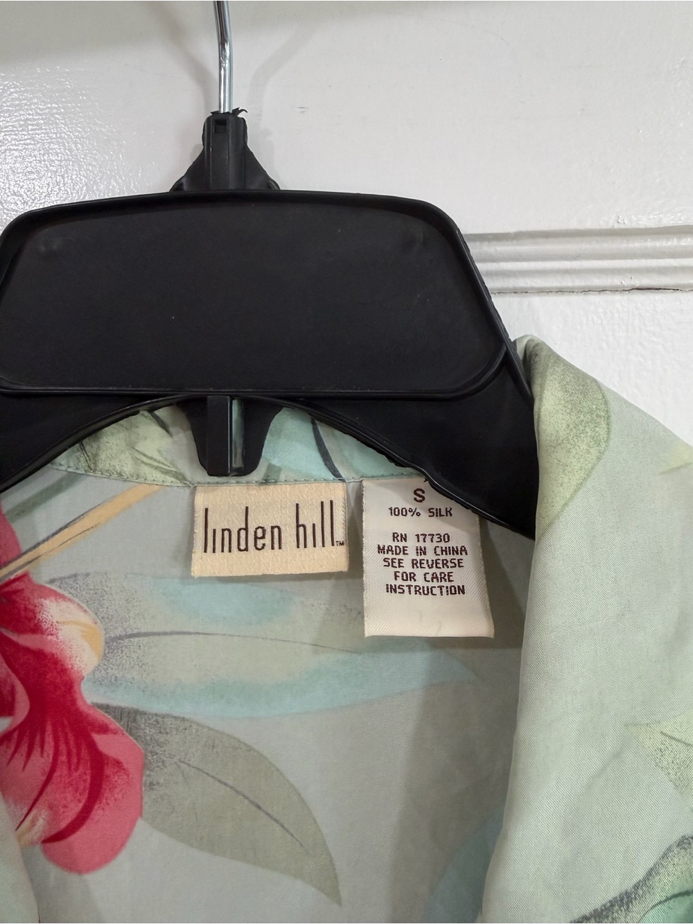 Linden Light Sage 100% Silk Shirt with Red & Yellow Floral Accents - Picture 2 of 7